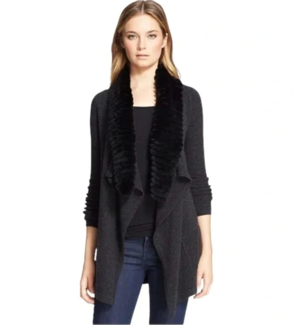 THEORY Gray Long Sleeve Maritza Fur Genuine Rabbit Collar Wool Cardigan Size L